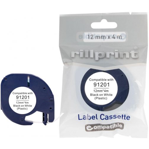 Rillprint ruban LetraTAG comaptible pour Dymo 91201, 12 mm, plastique, blanc