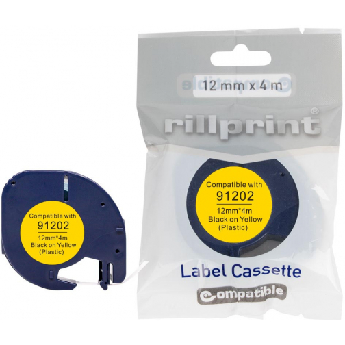 Rillprint ruban LetraTAG comaptible pour Dymo 91202, 12 mm, plastique, jaune