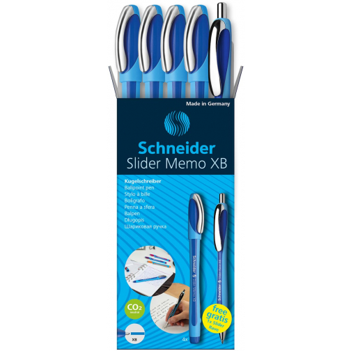 Schneider stylo bille Slider Memo XB bleu, 4 pièces + 1 Rave GRATUIT