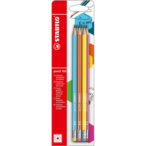 Stabilo crayon graphite 160 HB avec gomme, blister de 6 pièces en couleurs assorties
