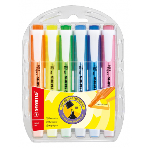 Stabilo Surligneur Swing Cool étui en plastique de 6 pièces: jaune, vert, bleu clair, turquoise, orang...