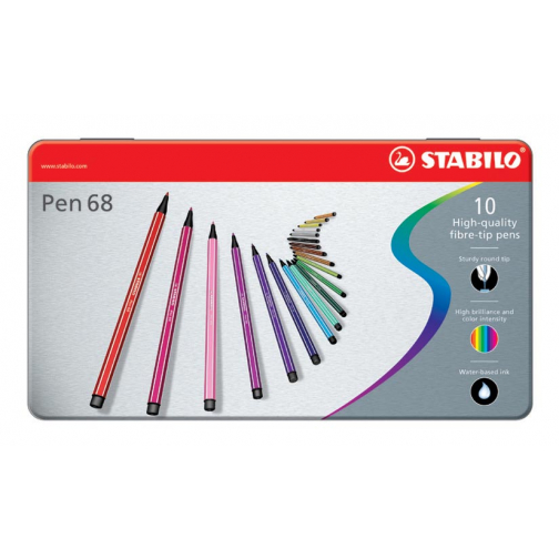 STABILO Pen 68 feutre, boîte métallique de 10 stiften en couleurs assorties