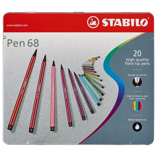 STABILO Pen 68 feutre, boîte métallique de 20 stiften en couleurs assorties