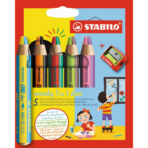 STABILO woody 3in1 duo crayon de couleur, étui de 5 pièces, assorti