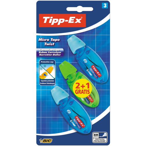Tipp-Ex dérouleur de correction Micro Tape Twist, bleu et vert, blister 2 + 1 gratuit
