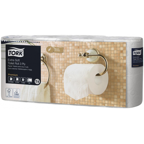 Tork Papier toilette traditionnel 3 plis, blanc, 155 feuilles, pour système T4, paquet de 8 rouleaux