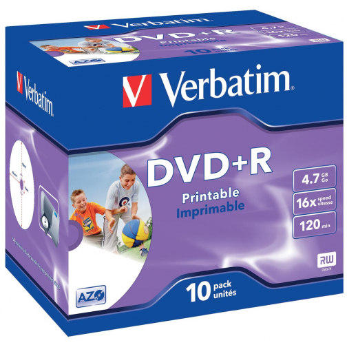 Verbatim DVD enregistrable DVD+R, imprimable, boîte de 10 pièces, emballées individuellement (Jewel Case)
