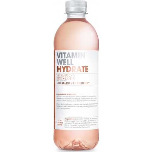 Vitamin Well eau vitaminée Rhubarb & Strawberry, bouteille de 0,5 L, paquet de 12 pièces