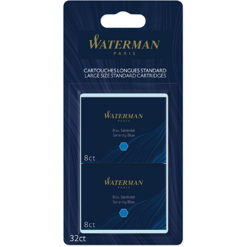 Waterman cartouches d'encre Standard Long, bleu (Serenity), blister de 32 pièces